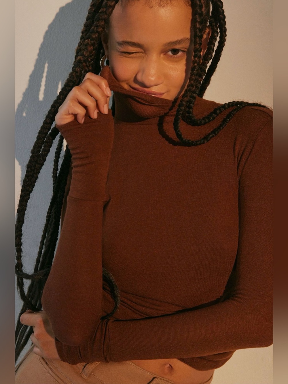 Brown Turtleneck Long-Sleeve Top